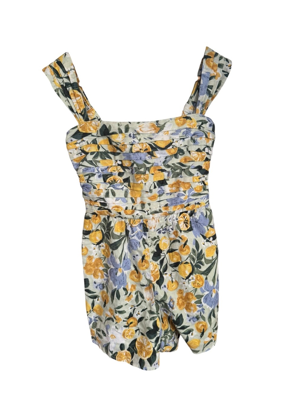 Abercrombie & Fitch Emerson Linen-Blend Romper yellow blue citrus lemon print S